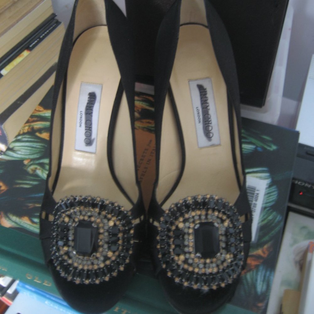 Jimmy Choo 38 black satin pumps w/Swarovski jewel